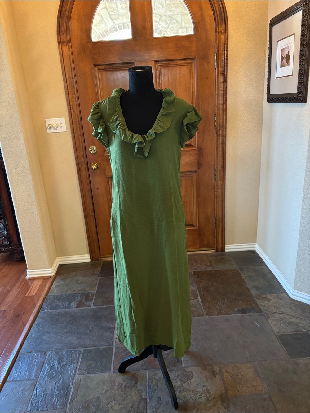Source Unknown Olive Green Ruffle-Trim Maxi Dress
